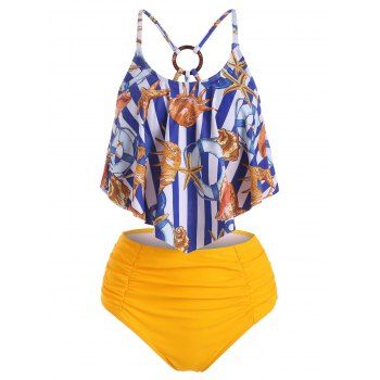 

Beach Tankini Swimsuit Starfish Shell Print Striped High Waisted Tummy Control Swimwear, Multicolor