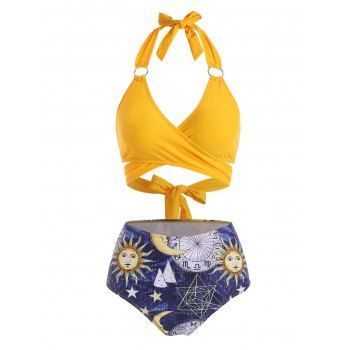 

Sun Star Print Halter O Ring Wrap Bikini Swimwear, Yellow