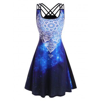 

Strappy Back Splatter Paint Galaxy Printed Dress, Deep blue