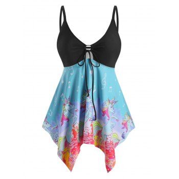

Plus Size Unicorn Print Hanky Hem Tied Tankini Swimwear, Light blue