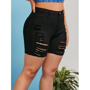 

Raw Hem Ripped Solid Denim Plus Size Bermuda Shorts, Black