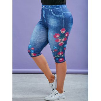 

Plus Size 3D Denim Print Floral Capri Jeggings, Blue