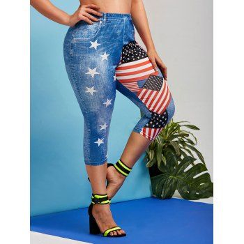 

Plus Size American Flag Print Cropped Jeggings, Blue