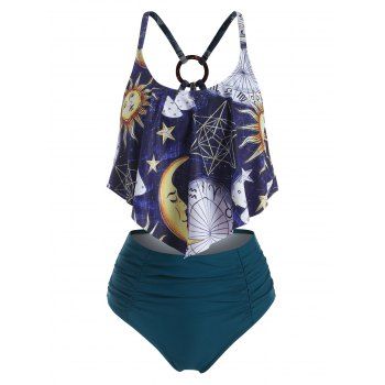 

Tummy Control Swimsuit Sun Star Galaxy Print High Waisted Flounces Beach Tankini Swimwear, Multicolor