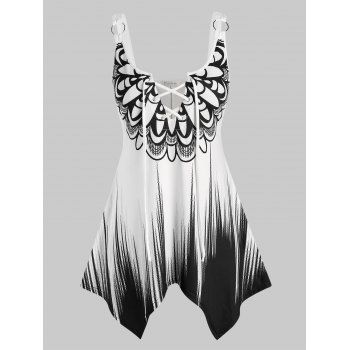 

Plus Size O Ring Lace Up Printed Handkerchief Tank Top, White