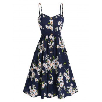 

Floral Pattern Buttons Pocket Sundress, Deep blue