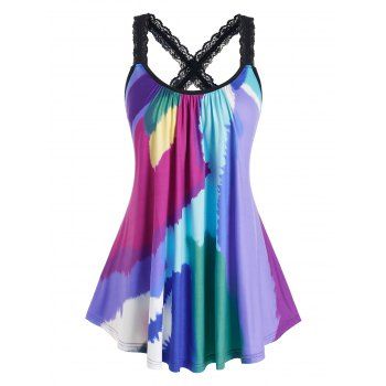 

Plus Size Colorful Tie Dye Lace Strap Cross Back Tank Top, Multicolor