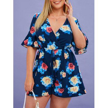 

Plus Size Flower Print Plunge Neck Bowknot Romper, Deep blue