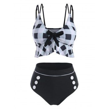 

Plaid Sailor Style Ruffled Hem Tankini Swimwear, Black
