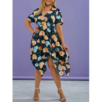 

Plus Size Handkerchief Floral Printed Midi Dress, Deep blue