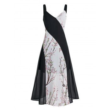 

Flower Print Splicing Asymmetric Midi Dress, White