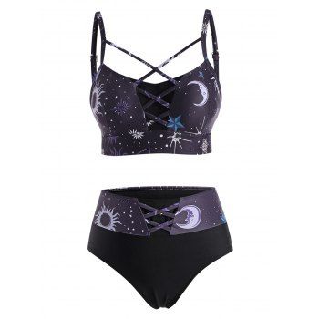 Astrology Sun Star Moon Print Crisscross Tankini Swimwear