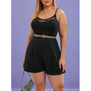 

Plus Size Lace Insert Wide Leg Cami Romper, Black