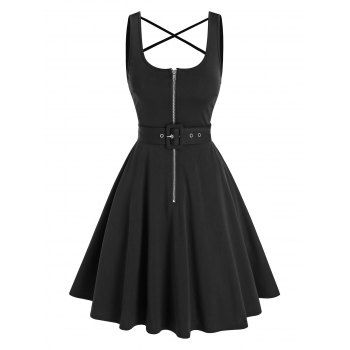 

Half Zip Self Tie Belt Criss Cross Dress, Black