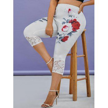 

Plus Size Lace Panel Rose Print Cropped Leggings, White