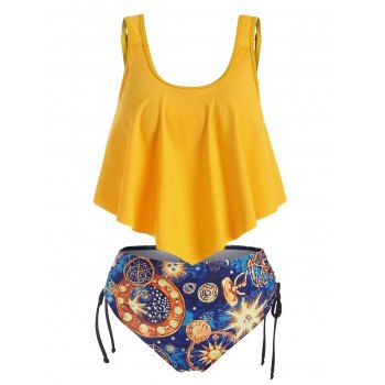 

Beach Tankini Swimwear Galaxy Sun Planet Print Cinched Flounce Strappy Mix and Match Bathing Suit, Yellow