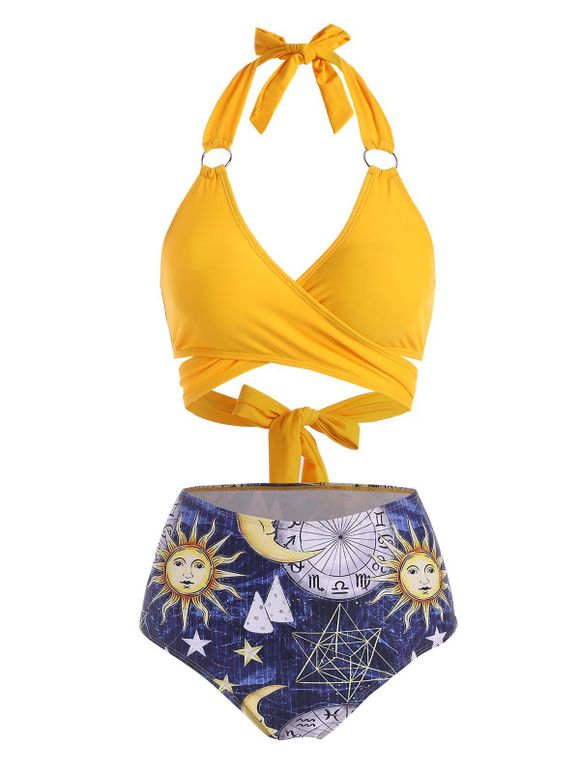 Maillot de Bain Bikini à Imprimé Etoile et Soleil Enveloppé à Col Halter - Jaune S
