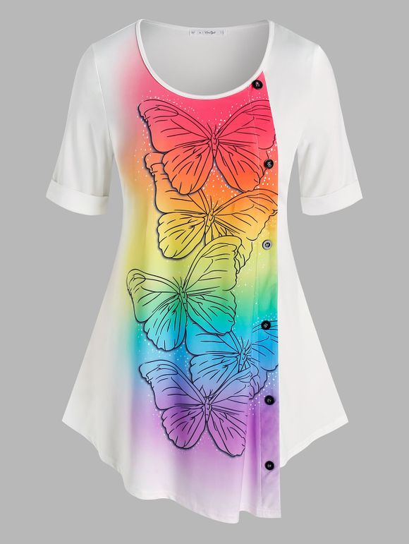 T-shirt Irrégulier à Imprimé Papillon de Grande Taille - Blanc L