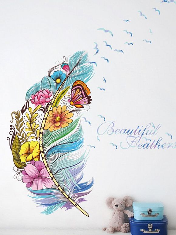 Autocollant Mural Motif Plumes Fleurs Colorées et Papillons - multicolor A 60X45