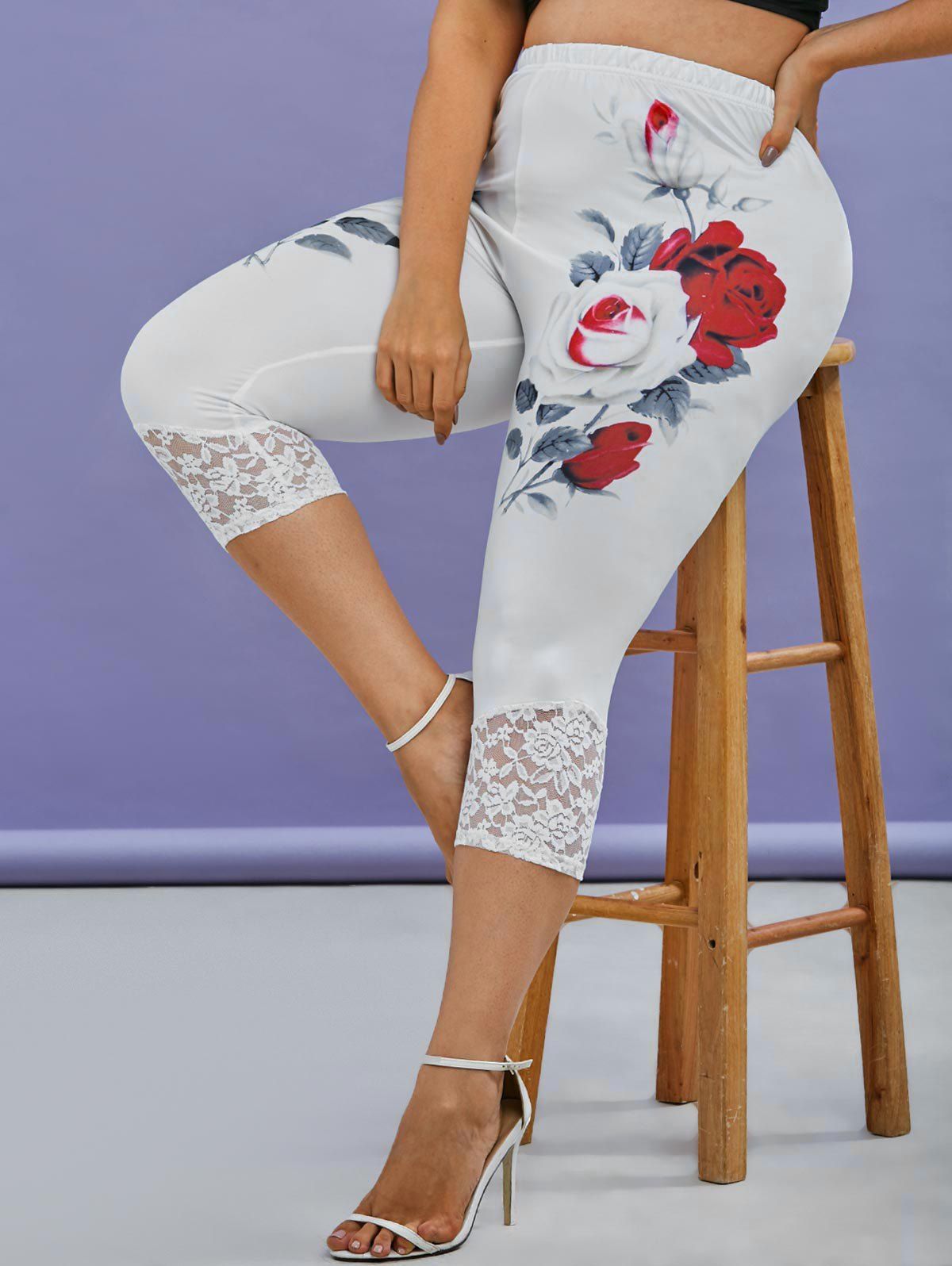 Plus Size Lace Panel Rose Print Cropped Leggings - WHITE 5X