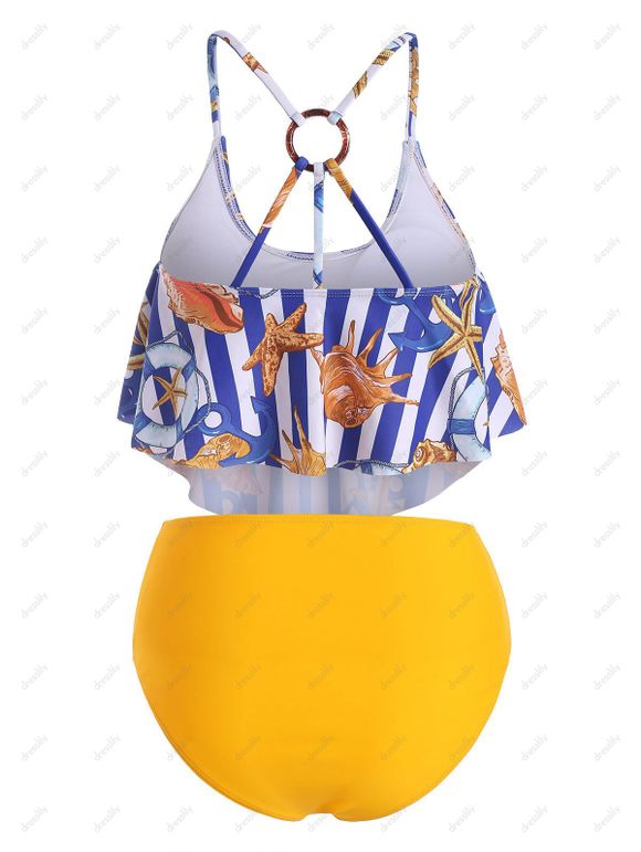 Maillot de Bain Tankini Rayé à Imprimé Etoile de Mer Coquille à Taille Haute de Plage - multicolor S