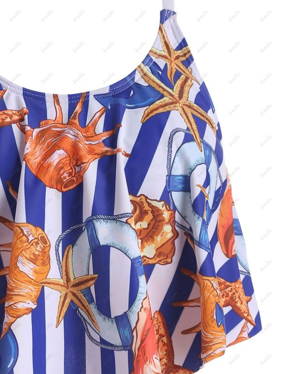 Maillot de Bain Tankini Rayé à Imprimé Etoile de Mer Coquille à Taille Haute de Plage - multicolor S