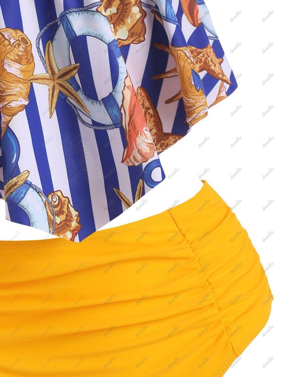 Maillot de Bain Tankini Rayé à Imprimé Etoile de Mer Coquille à Taille Haute de Plage - multicolor S