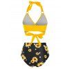 Vacation Bikini Swimsuit Sunflower Bathing Suit Knot Ring High Waisted Wrap Halter Tied Summer Beach Tummy Control Swimwear - YELLOW S