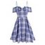 Vintage Plaid Checked Print A Line Mini Dress Cold Shoulder Bowknot Strappy Dress - LIGHT BLUE XXXL
