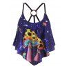 Galaxy Mushroom Print Tankini Top Funny Flounce O Ring Cut Out Swimwear Top - multicolor L