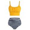 Beach Swimsuit Gingham Print Ruched Bust High Waisted Tummy Control Bikini Swimwear - YELLOW XL