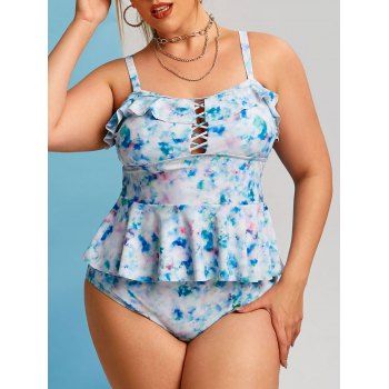 

Plus Size Ruffled Crisscross Tie Dye Tankini Swimwear, Multicolor