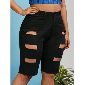 

Frayed Ladder Cutout Plus Size Denim Knee Length Shorts, Black