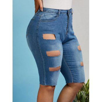 

Frayed Ladder Cutout Plus Size Denim Knee Length Shorts, Blue