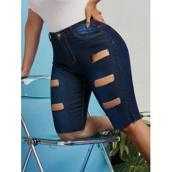 

Frayed Ladder Cutout Plus Size Denim Knee Length Shorts, Deep blue