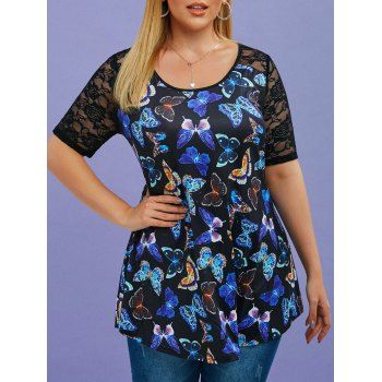 

Plus Size Flower Lace Insert Butterfly Print T-shirt, Black