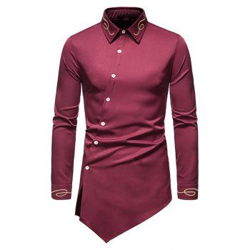 

Metallic Thread Embroidered Button Up Asymmetrical Shirt, Red wine