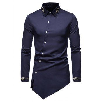 

Metallic Thread Embroidered Button Up Asymmetrical Shirt, Cadetblue