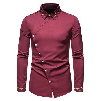 

Button Up Lines Embroidered Asymmetrical Shirt, Red wine