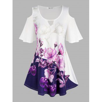 

Plus Size Cold Shoulder Bell Sleeve Floral Print Tee, White