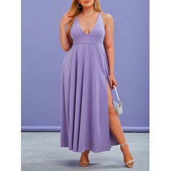 

Plus Size Cross Back Slit Long Cami Prom Dress, Light purple