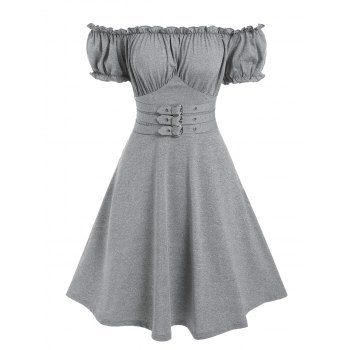 

Off The Shoulder Buckle Strap Marled Dress, Gray