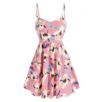 

Flower Printed Sundress Lace Up Flare Dress, Light pink