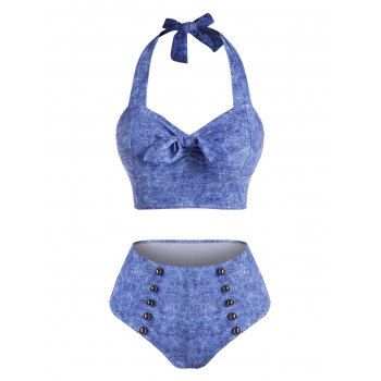 

Matching Swimsuit Knotted Sailor Style Denim Printed Halter Bikini Swimwear, Light blue