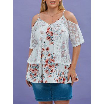 

Plus Size Cold Shoulder Embroidered Lace Overlay Floral Blouse, Multicolor