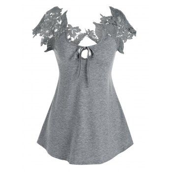 

Lace Guipure Front Tie Tee, Gray