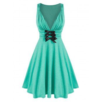 

Plunging Neck A Line Dress Ruched Bowknot Wide Waist Party Fit And Flare Dress, Green