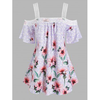 

Plus Size Open Shoulder Floral Print Top, Light purple