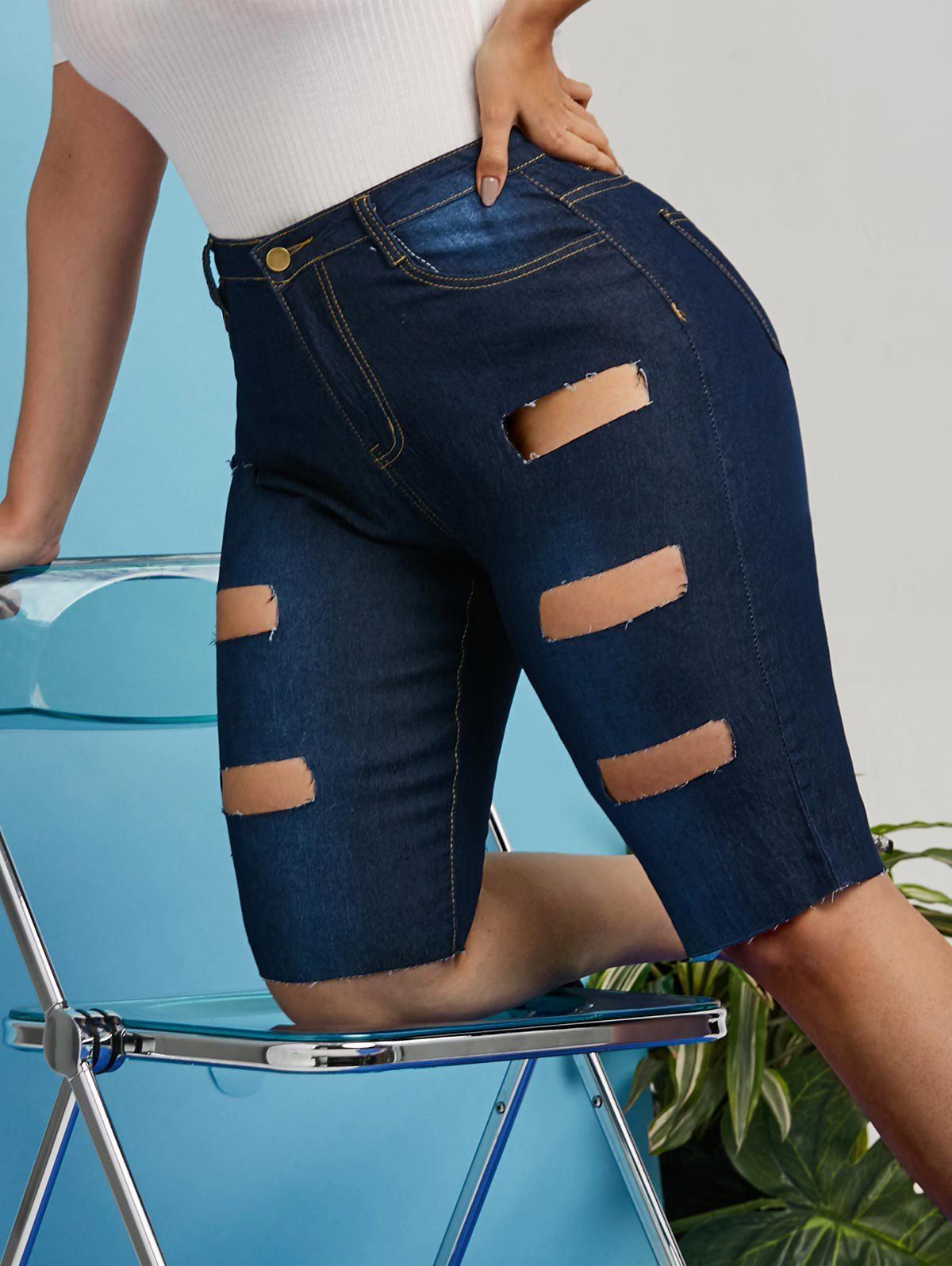 Frayed Ladder Cutout Plus Size Denim Knee Length Shorts - DEEP BLUE 3XL