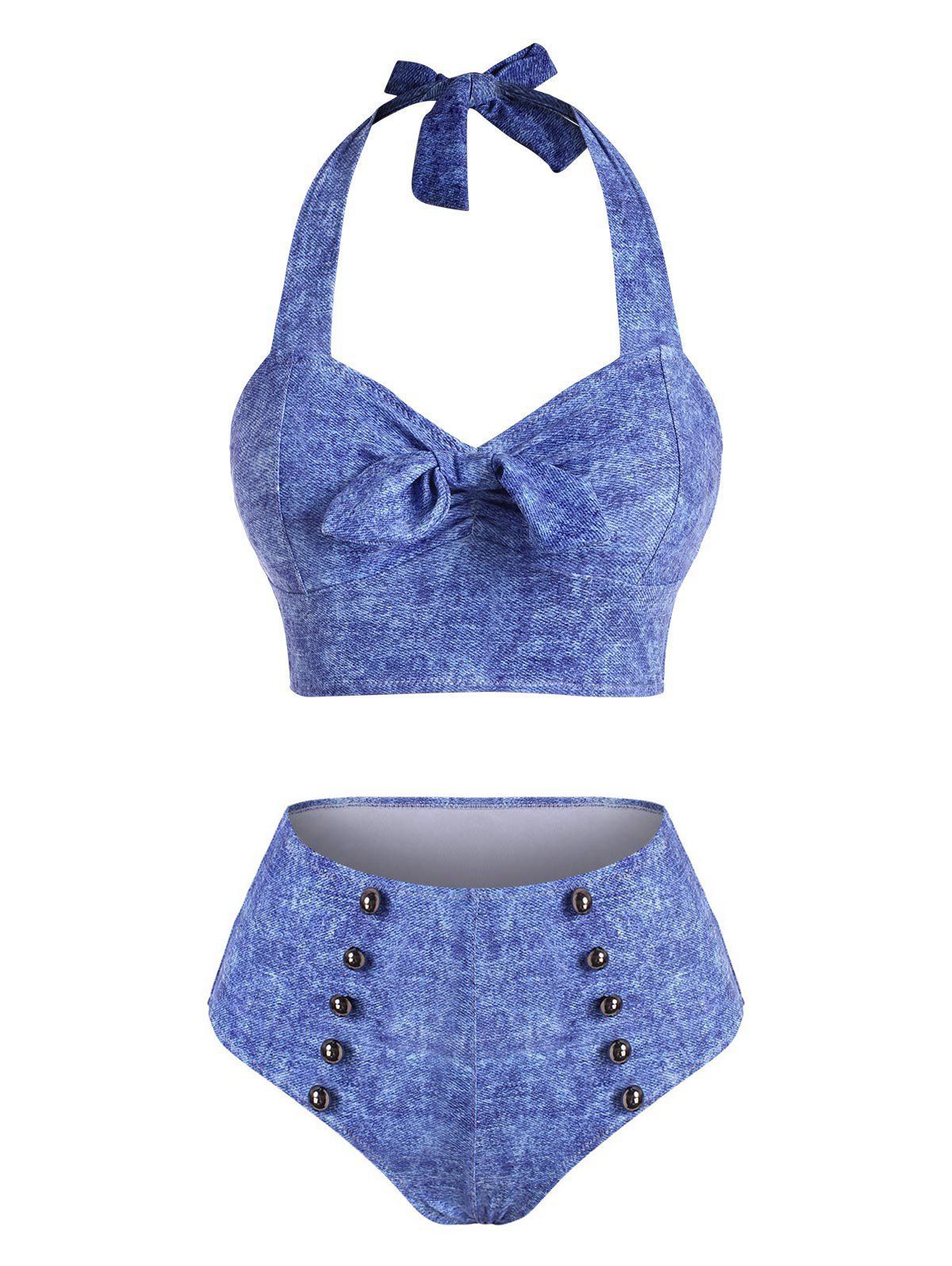 Matching Swimsuit Knotted Sailor Style Denim Printed Halter Bikini Swimwear - LIGHT BLUE XXL